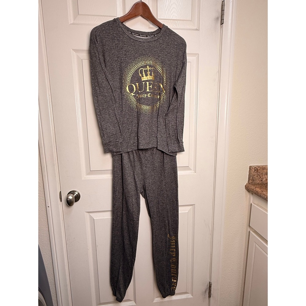 Juicy Couture Queen Pajama Set Gray Gold Crown Long Sleeve Joggers XS 2pc